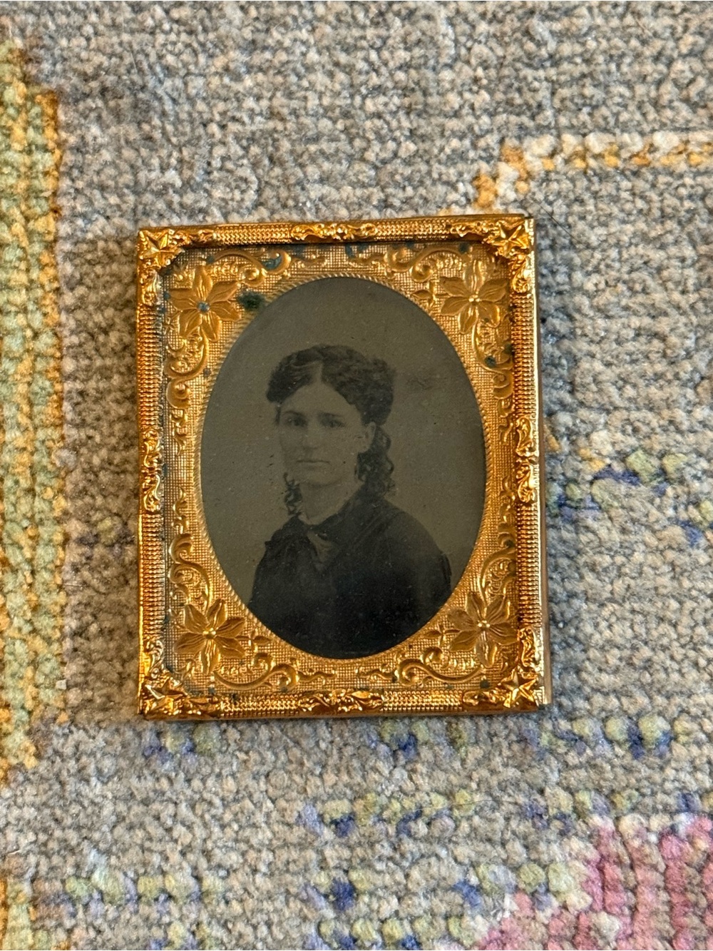 Antique 1800s Tintype Photograph Young Woman Ornate Brass Frame Civil War Era